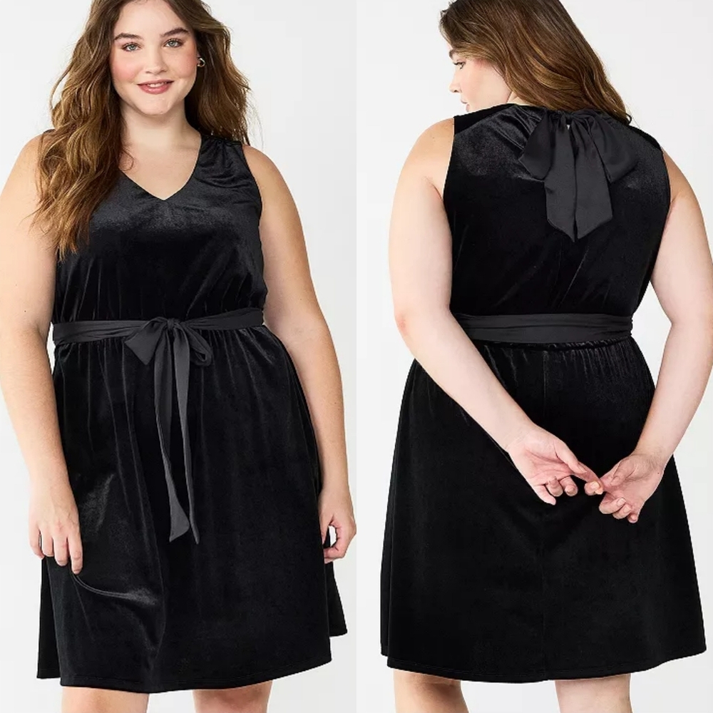 Draper James RSVP Black Velvet V-Neck Sleeveless Bow Tie Back Party Dress Large